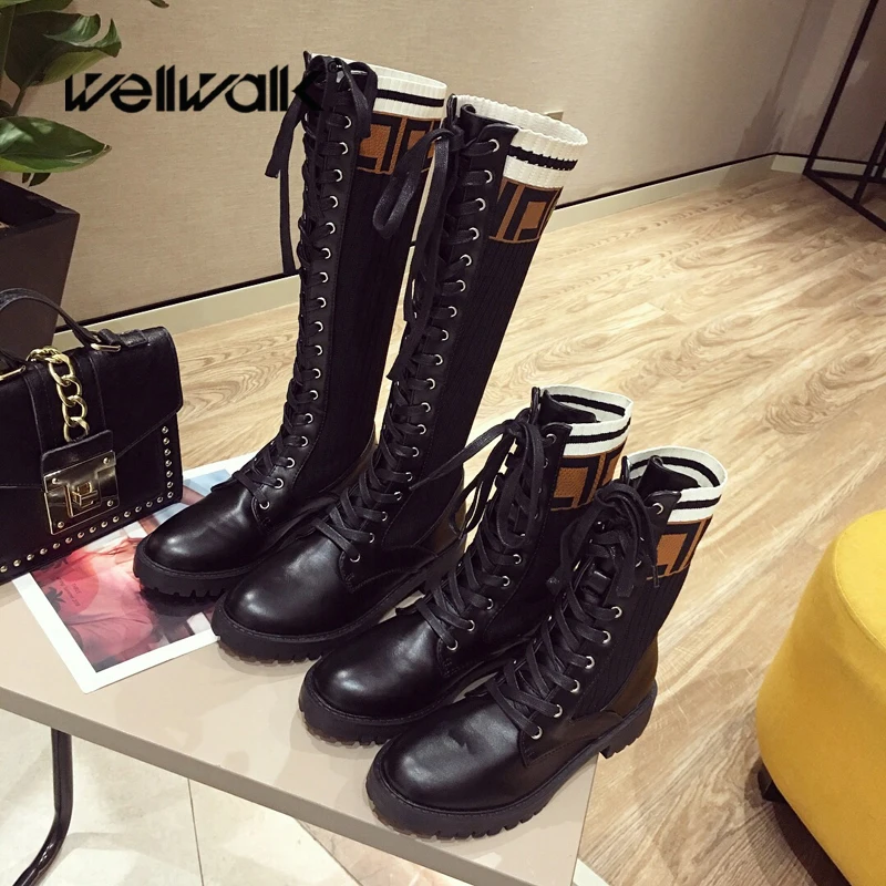 Botines de mujer Martens, botas altas de invierno, tejido elástico,  estampado F, zapatos de otoño con cordones, Bootee para mujer, novedades de  2019|Botas hasta el tobillo| - AliExpress