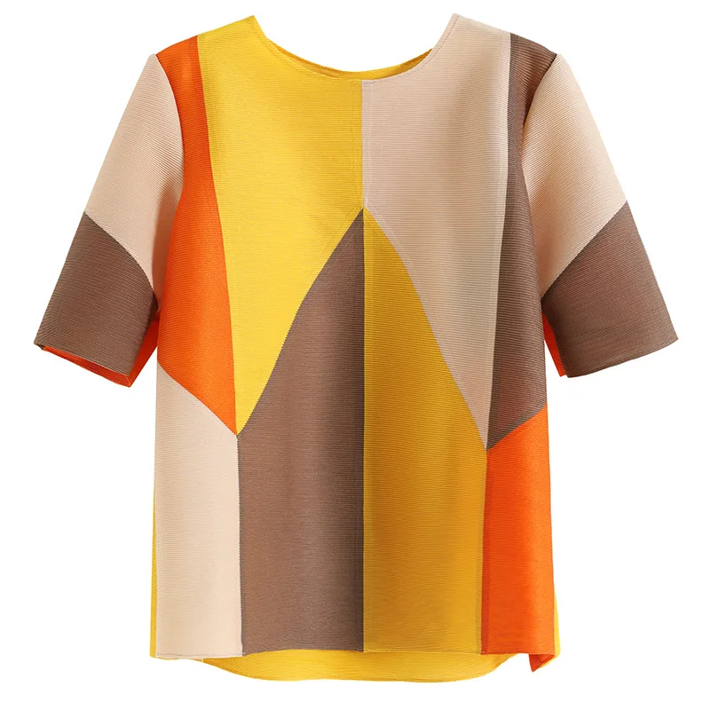 MIYAKE fold Весна и лето круглый вырез Половина рукава свободный большой размер Печать сочетающиеся цвета короткое пальто женский тренд - Цвет: Хаки