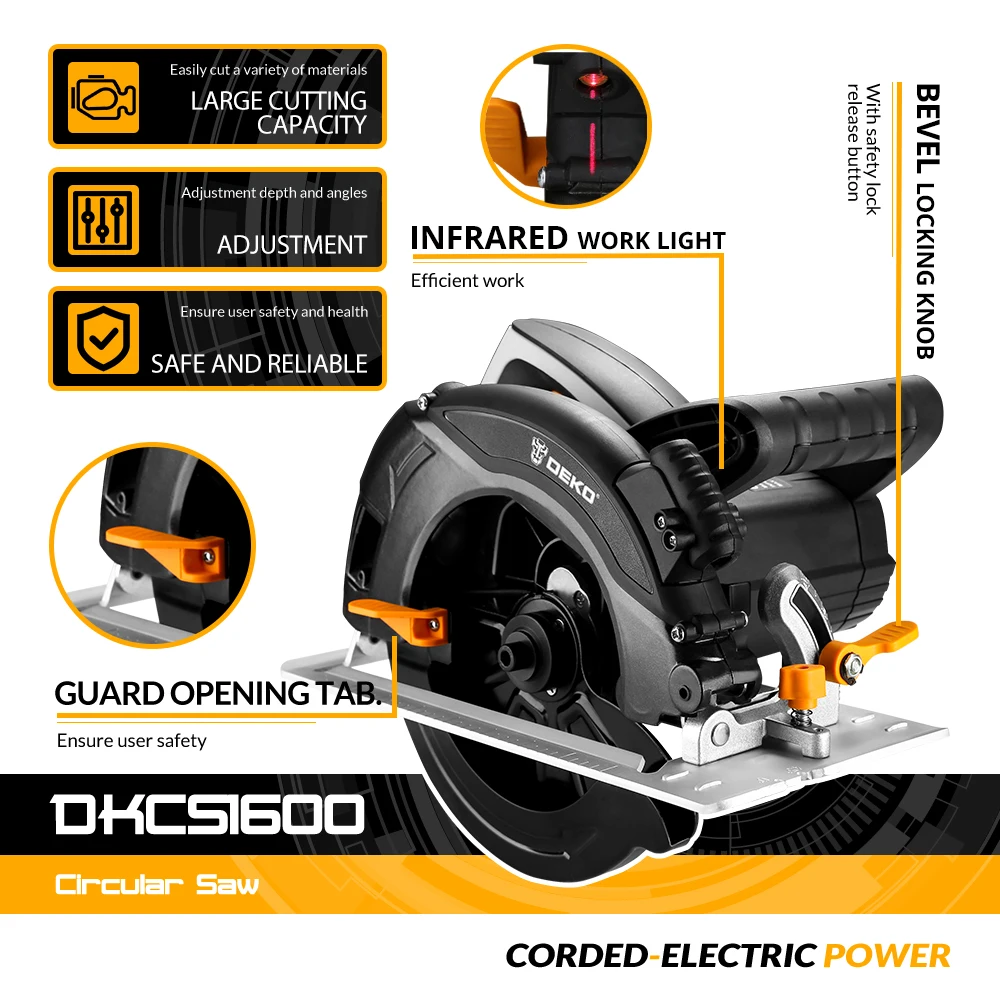 DEKO DKCS1600 Circular Saw Power Tools with Blade, Dust Passage, Auxiliary Handle, High Power and Multi-function Cutting Machin DEKO DKCS1600 Circular Saw Power Tools with Blade, Dust Passage, Auxiliary Handle, High Power and Multi-function Cutting Machin