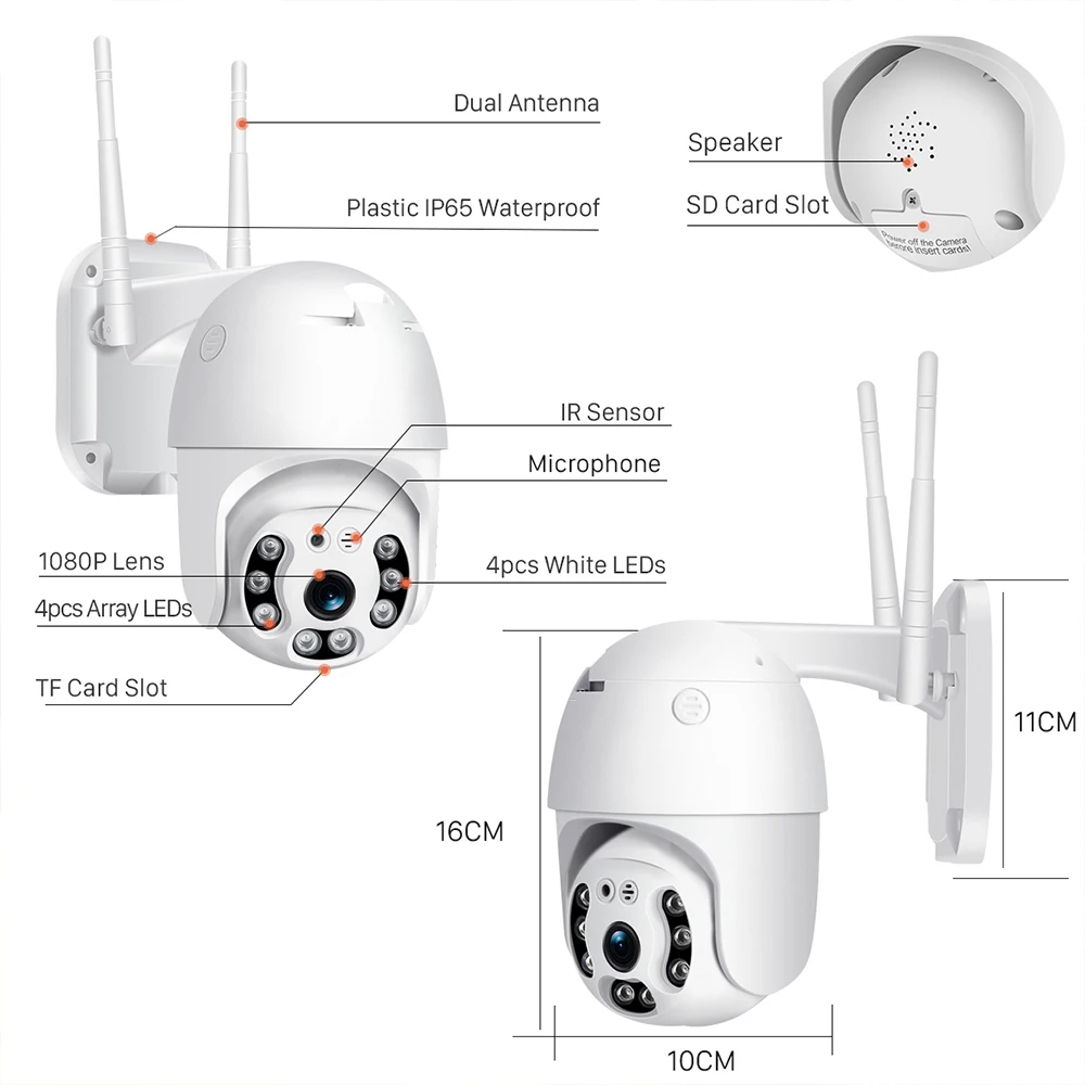 1080P WIFI Security Camera Outdoor PTZ Speed Dome Wireless IP Camera CCTV Pan Tilt 4XZoom IR Network Surveillance P2P CAM