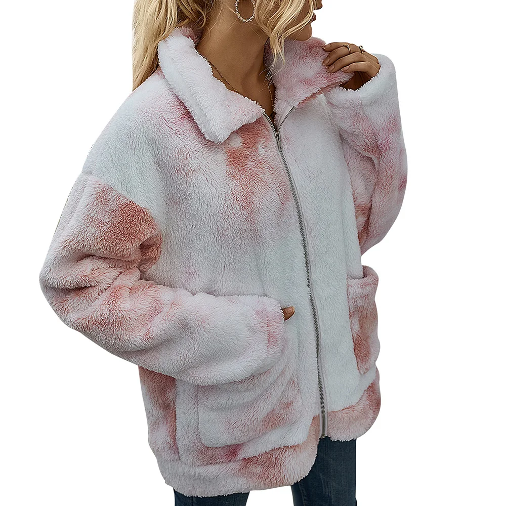 

Women Faux Fur Coat Long Sleeve Lapel Fluffy Outwear Womans Tie-Dye Plush Jacket Zipper Gradual Color Fashion Winter Coat D30
