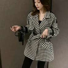 Женское клетчатое шерстяное пальто, тонкая куртка с поясом в ломаную клетку