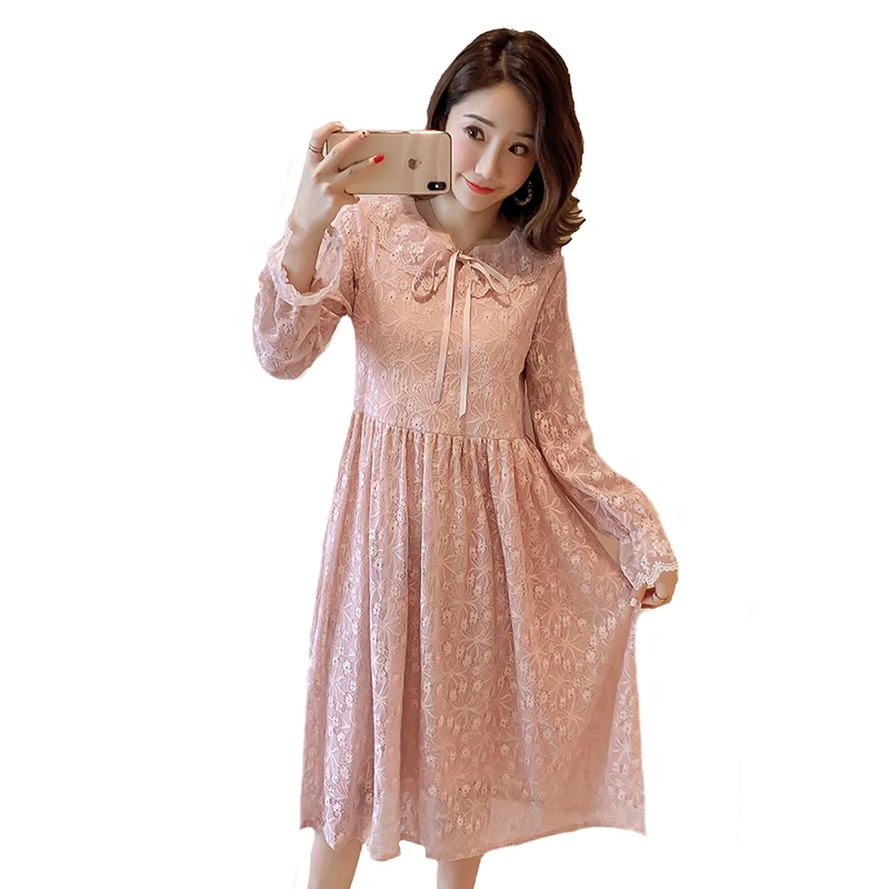 

Autumn Pregnancy Clothes Long-Sleeved Korean Lace Dresses for Pregnant Women Lace lace Lace Midi Long Dress Maternity Dress
