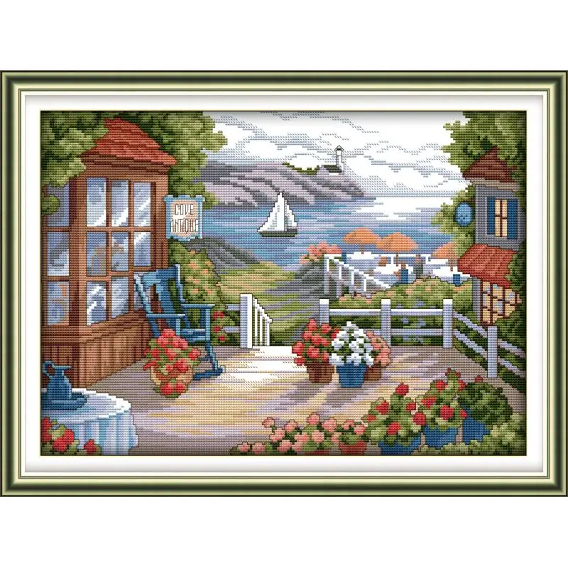 Terrace with flowers in full bloom Cross stitch kits Aida 14CT 11CT counted embroidery Needlework set Home decoration painting cross stitch kit