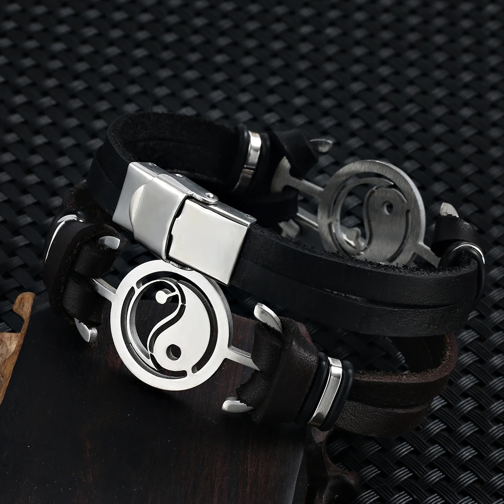 Bracelet Jewelry Trend Jewelry Stainless Steel Tai Chi Yin Yang Fish Leather Bracelet Double Cuff Men's Bracelet Pulsera Hombre