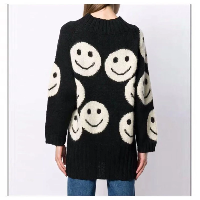 Женский свободный пуловер, свитер, Осень-зима, корейский жаккардовый свитер со смайликом, простой свитер с длинными рукавами, вязаные свитера для девочек