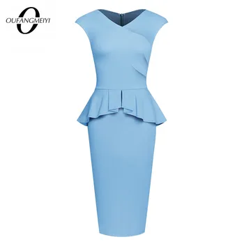 

Stylish Women Solid Color Ruffle Dress Elegant Work Office Sleeveless Sheath Dress EB580