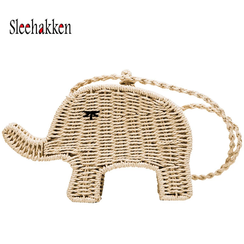 

Women Shoulder Messenger Bag beach woven obag mini body Crossbody Beige purses and handbag Lady Cartoon Elephant straw Handbag