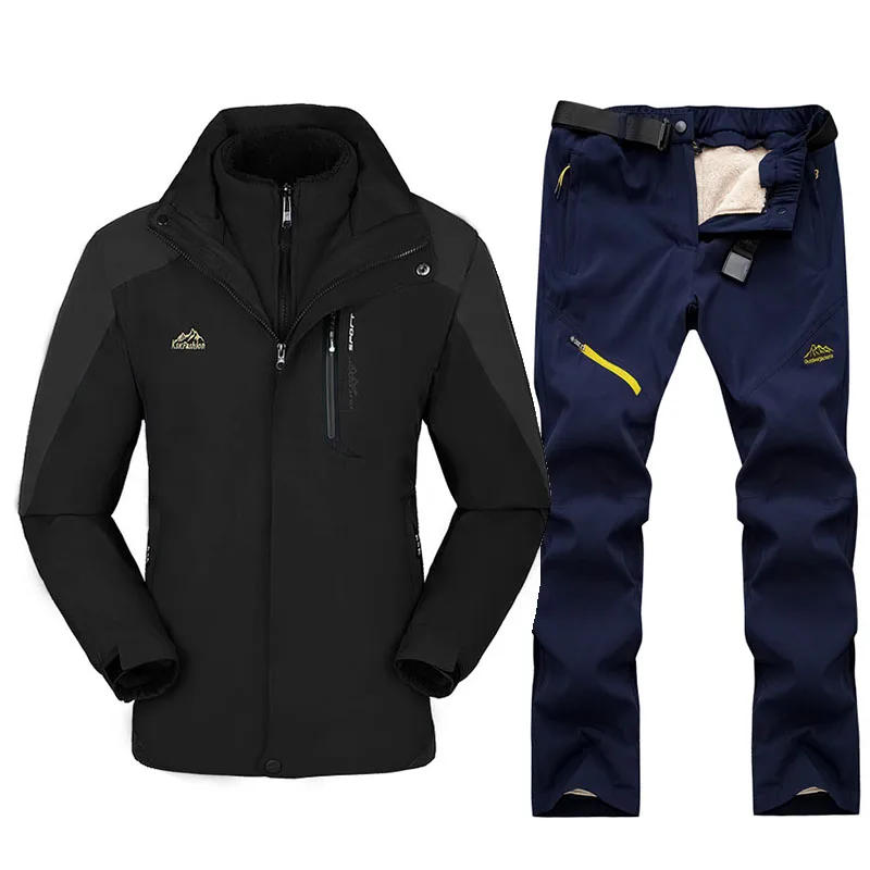 Black Blue Зимний лыжный костюм для мужчин, лыжные куртки и штаны, уличные термо-водонепроницаемые ветрозащитные лыжные и сноубордические куртки, комплекты - Цвет: Black Blue