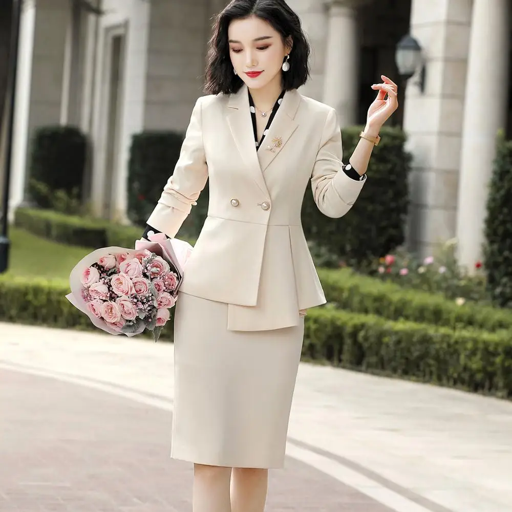 Winwinus Women 1 Button Lapel Elegant Office Blazer and High Waisted Skirt Set