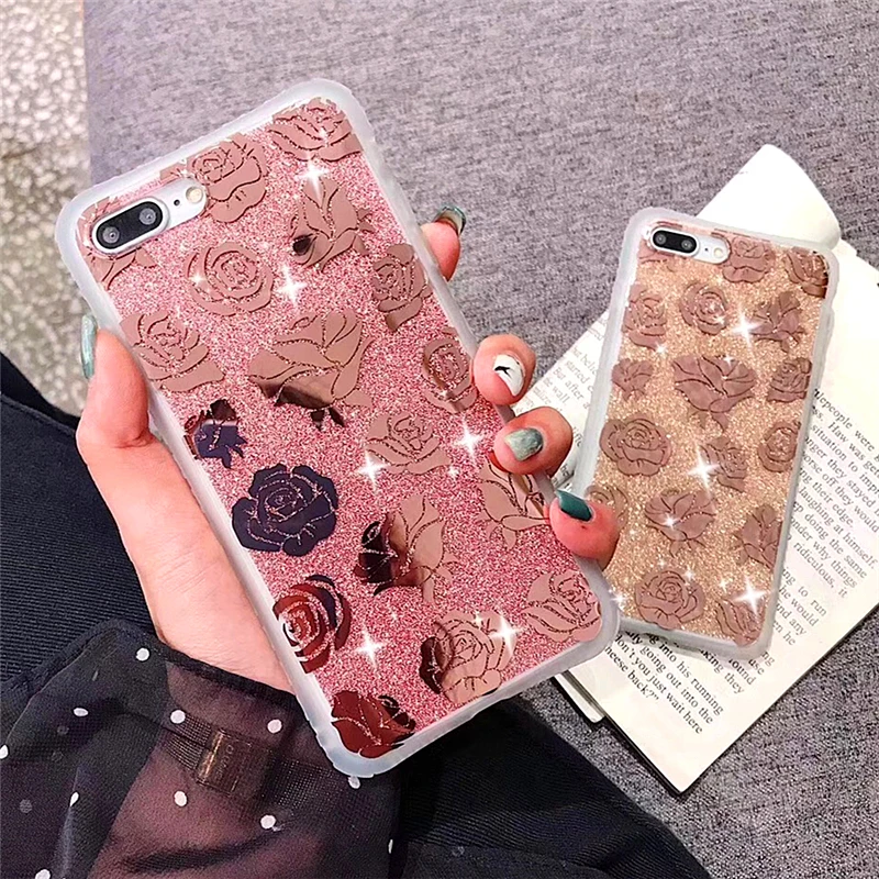 

Fashion Luxury Rose Flower Print Laser Phone Case For iphone 7 Case XR X XS Max Capa For iphone 8 6 plus Glossy Back Soft Cover