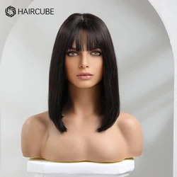 HAIRCUBE Straight Bob Human Hair Wigs for Women Shoulder Length Natural Black Wig with Bangs Full Machine Made Remy Hair Wig