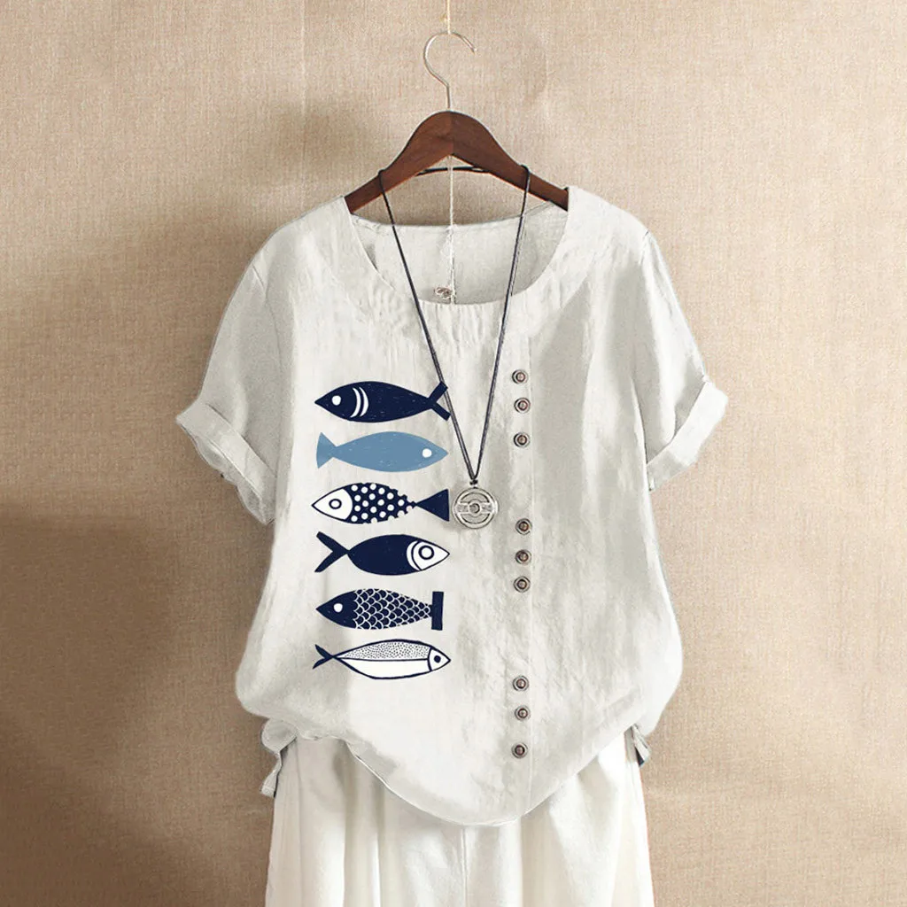 Feitong Женская Повседневная Туника с круглым вырезом и принтом рыбы, свободная рубашка блузка Топы camisas mujer chemise femme