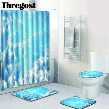 

Thregost 3 Piece Bath Mat Set Printed Toiletmat Carpet for Bathroom Water Absorbent Rugs with Shower Curtain Memory Foam Mats