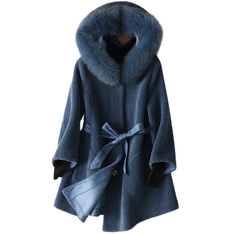 2019 new sheep shear fur coat mid long female fox fur collar