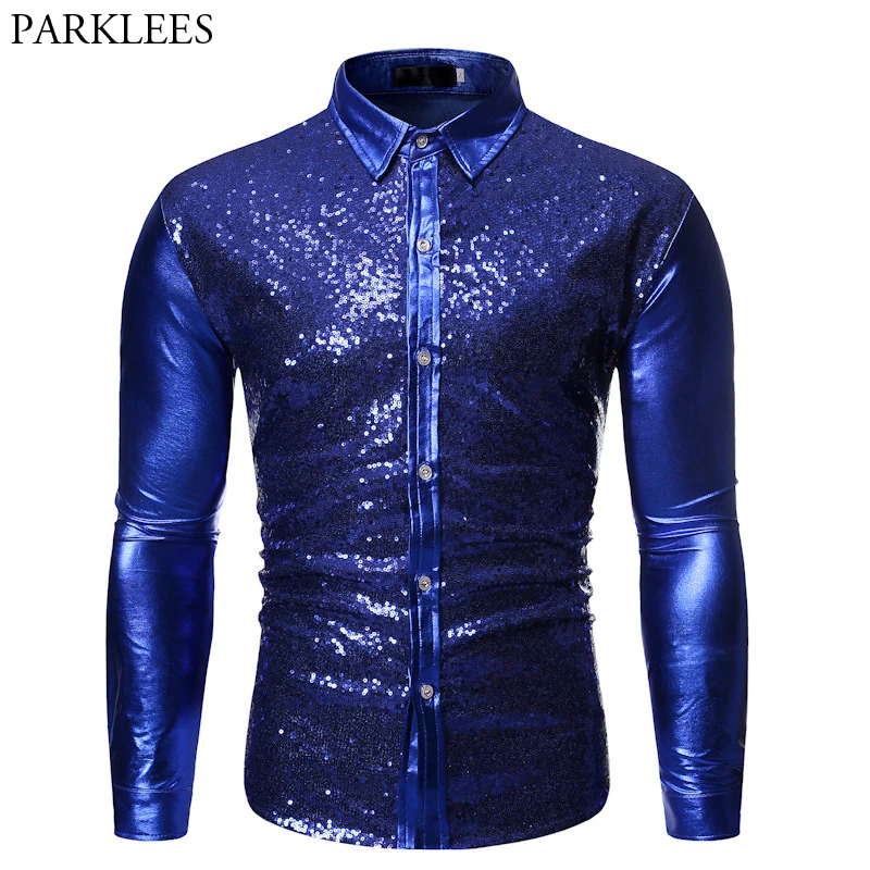 Для мужчин королевский синий блесток покрытием футболка металлик ночной клуб стиль с длинным рукавом диско вечерние рубашки для танцев