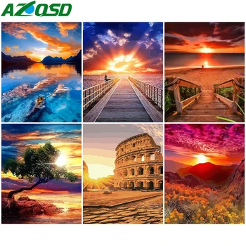 

AZQSD Oil Painting By Numbers Sunset Landscape Handpainted Gift DIY 40x50cm Coloring By Numbers Bridge Home Bedroom Wall Artwork