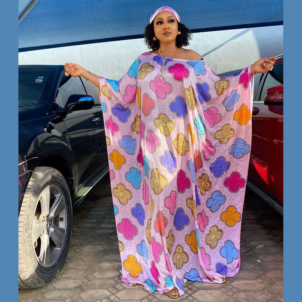 

African Woman's Wear Rayon Fabric Digital Printing Hot Fix Rhinestone Plus Size Dress With Scarf