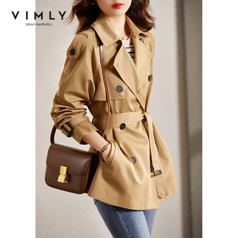 VIMLY Short Trench Coat for Women Autumn Winter 2022 Korean Fashion Lapel Double Breasted Jacket with Belt Elegant Female V1668