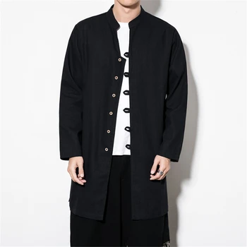 

Helisopus Men Shirt Chinese Style Solid Color Casual Shirts Long Sleeve Loose Stand Collar Single Breasted Shirt M-5XL