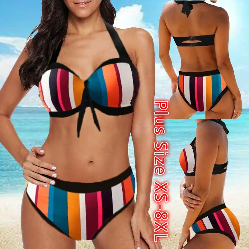 

Plus Size 8XL New Colorful Stripped Bikini Women Swimsuit Large Size Halter Swimwear Bathing Suit Backless Bikini Set