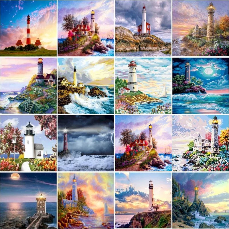 Landscape Lighthouse DIY Frameless Digital Oil Painting By Number Canvas Picture 