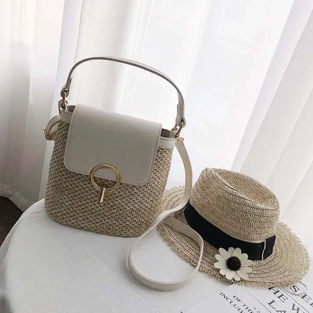 

Fashion Women Straw+leather Handbag Patchwork Beach Tote Crossbody Sling Bucket Handmade Woven Shoulder Bag