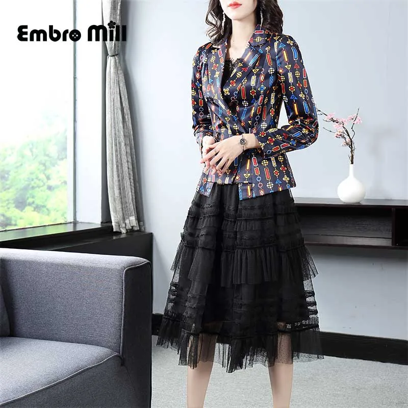 

The New autumn elegant two piece set Office Lady style suit coat+Mesh skirt fashion 2 piece set women S-XL