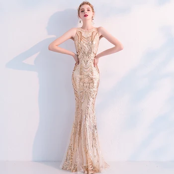 

Women's long formal prom evening dress Plus size sequined mermaid wedding party dress sexy O neck gold cocktail party dress