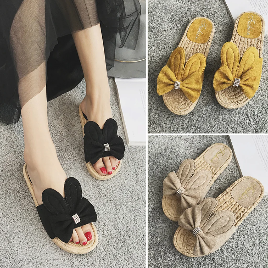 

2019 Summer New Style Korean-style Student Slippers Women's Outer Wear Man-made Diamond Bow Flat Anti-slip Versatile White Slipp