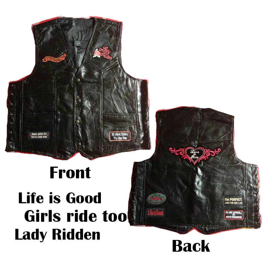 Girls Ride Too Lady Ridden Genuine Leather Women Retro Style Motorcycle Vest Sheepskin Embroidered Symbol Ride waistcoat