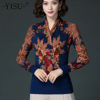

Kqcz Printed sweater 2019 Autumn Winter fashion Sweater Women Casual Slim Pullover Big flower pattern Knitted sweaters Women