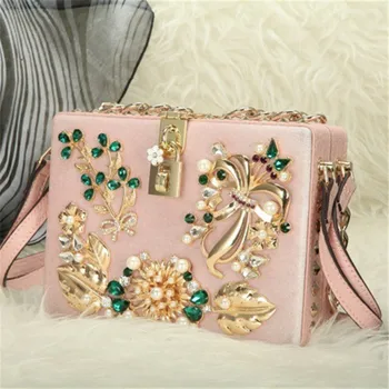 

New Fashion Leather Rivet Female Bag Flower Rhinestone Shoulder Bag High Quality Cowhide Box Bag Small Square Bag Women Handbags