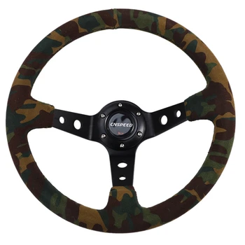 

350mm 14 Inch Universal Racing Car Deep Dish Suede Green Camouflage Steering Wheel