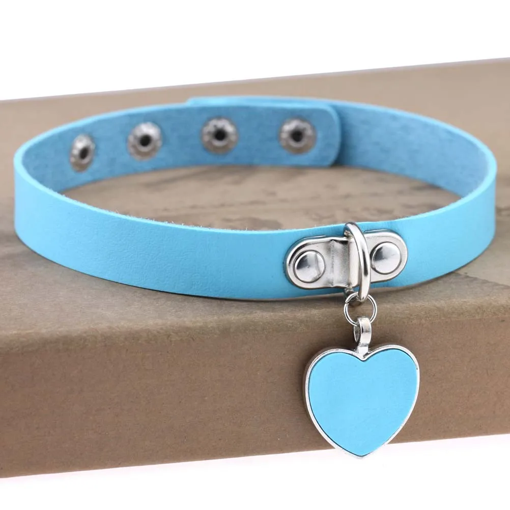 2021 Fashion Punk Blue Leather Choker Necklace Multilayer Heart Round Chocker Sexy Collar E Girl Women Necklace Gothic Jewelry 