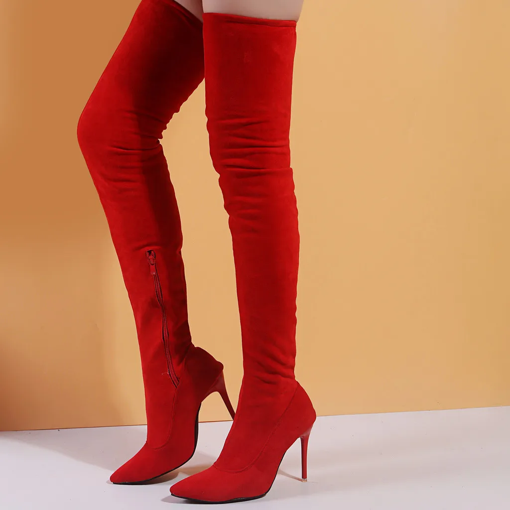 Модные женские высокие сапоги из флока на молнии с острым носком Сапоги выше колена на высоком каблуке; сезон осень-зима; дропшиппинг