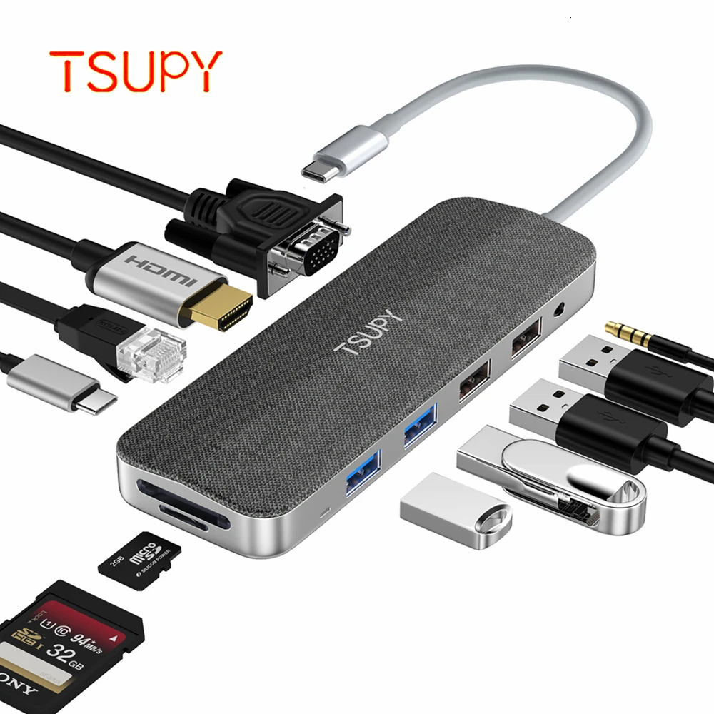 TSUPY 11 в 1 USB C концентратор HDMI VGA Аудио RJ45 USB 3,0 2,0 питания PD SD/TF кардридер для Macbook Pro