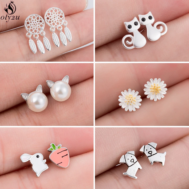 Fashion Earings Jewelry Silver Color Small Pearl Cat Stud Earrings for Women Girls Summer Daisy Flower Earring pendientes mujer