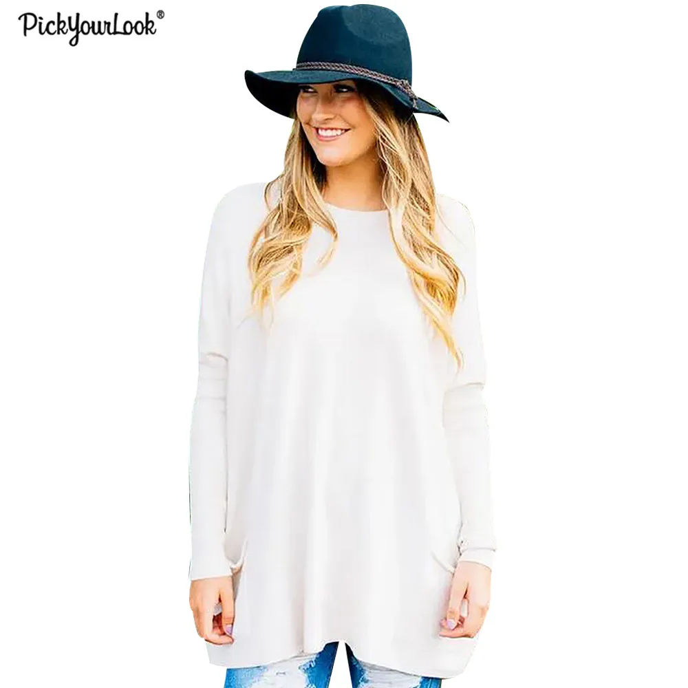 

Women Pocket Casual Long Sleeve Top women Autumn Winter Casual Round neck tops D35
