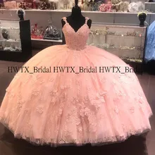 HWTX_Bridal Pink Ball Gown Quinceanera Dresses 3D-Floral Appliques Lace Up Tulle Vestidos 15 anos Blue Prom Dress Pageant Gowns
