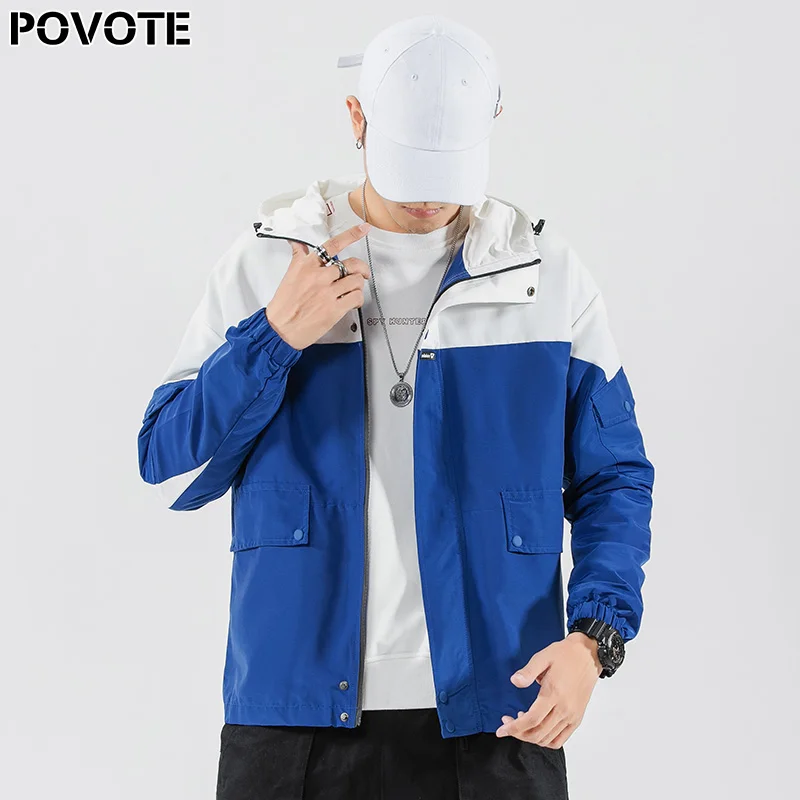 

POVOTE brand men's jacket trend Korean color matching loose large tooling hooded casual jacket hip hop jacket trend design