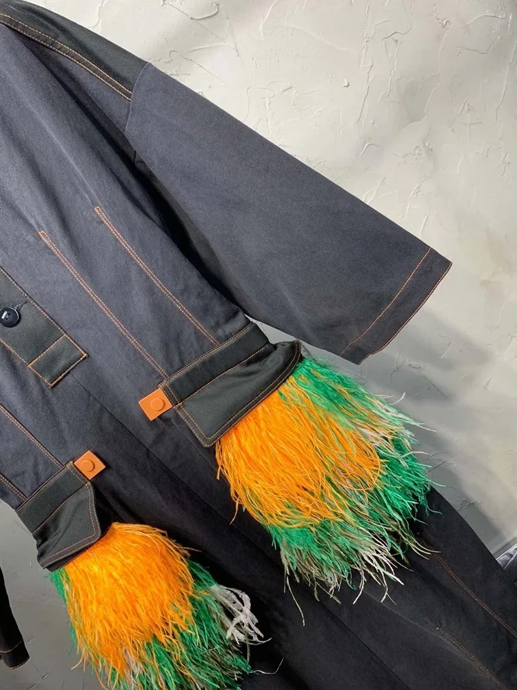 SHENGPALAE модная индивидуальность Высокая улица весна лаконичная молния разделение сустава Страусиные волосы длинное платье с круглым вырезом FS133