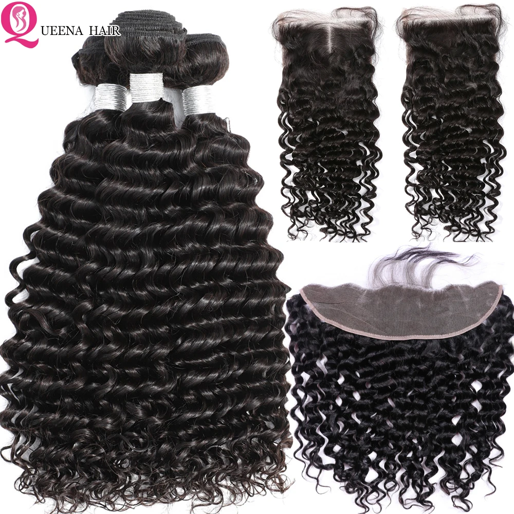 

Queena Deep Wave Bundles With Frontal Closure Human Hair Bundles With Closure Pre Remy Brazilian Hair Weave Bundles With Frontal