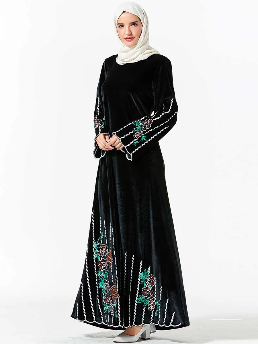 Бархатное вышитое длинное мусульманское платье размера плюс с О-образным вырезом и длинным рукавом, зимние исламские женские платья, абайя кафтан