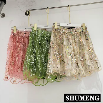 

High Street Fashion Sequins Flare Shorts Women Summer New Shiny Sequins Elastic Waist Loose Shorts Streetwear Spodenki Damskie