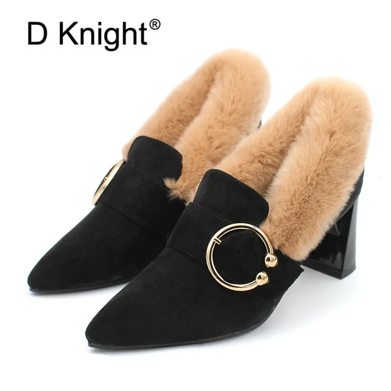 

Winter New Fur Square Heels Pumps Black Beige Elegant Slip On Office Lady Pumps Sexy Pointed Toe Party Shoes Women High Heels