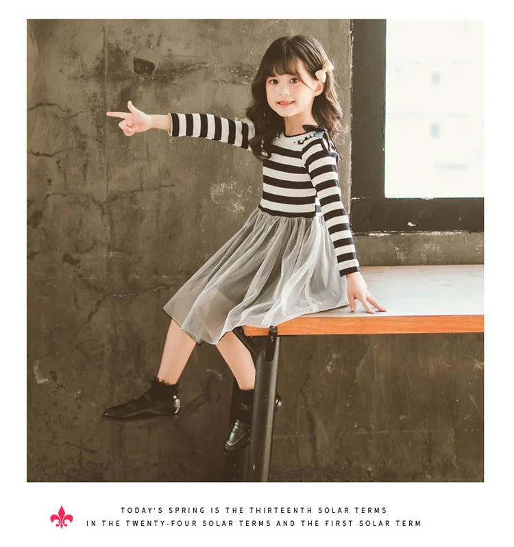 2020 Big Girls Casual Cotton Dress Little Kids Stripe Long Sleeve Mesh Dress Children School Clothes for 5 6 7 8 9 10 11 12 year (9)