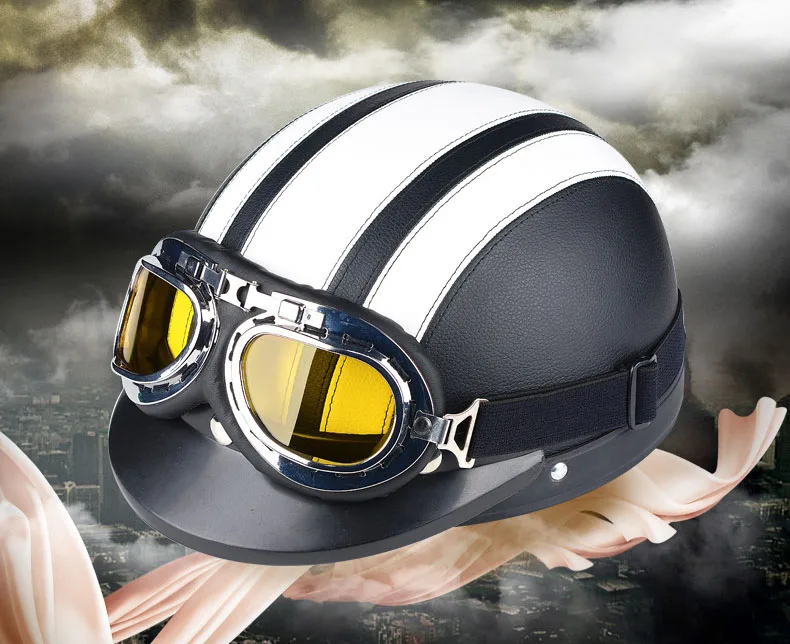Мужские и женские мотоциклетные шлемы для открытого лица ретро Половина мото шлемы с очками кожаный шлем мировой лидер продаж