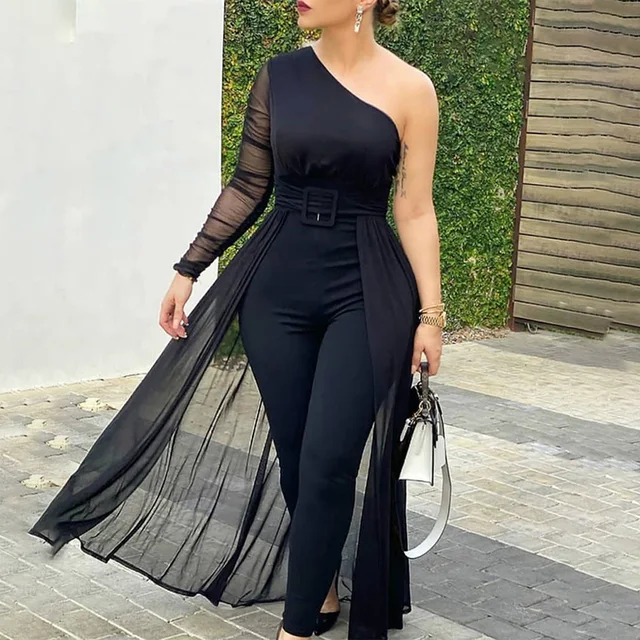 Mono de fiesta de manga larga para mujer, moda elegante, enterizo Formal de  fiesta, mono ajustado de malla transparente para fiesta| | - AliExpress