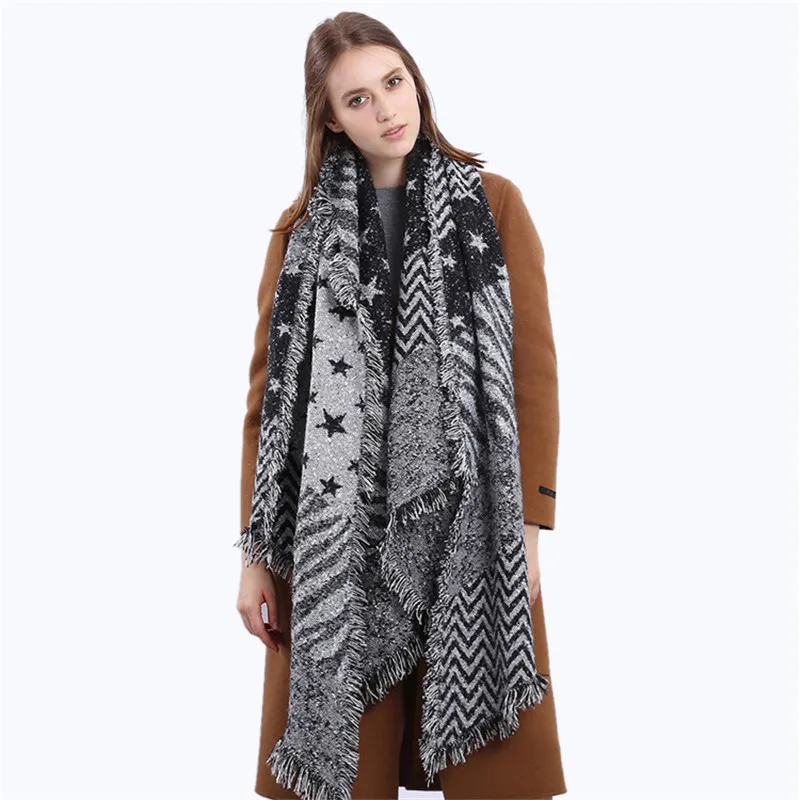 

220*65CM New Women's Five Pointed Star Print Wavy Cashmere Scarf Winter Warm Shawl Scarf Women's Luxury Shawl Scarf Gift Scarf